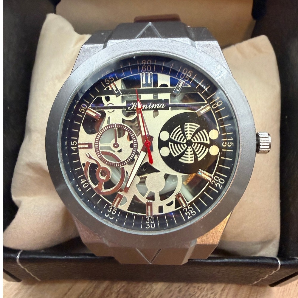 Kanima Skeleton Dial Watch Brown Silicone Strap Silver Geometric Case 0461 - Picture 2 of 4